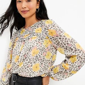 Loft Floral Animal Print Balloon Sleeve Metallic Striped Top Size M